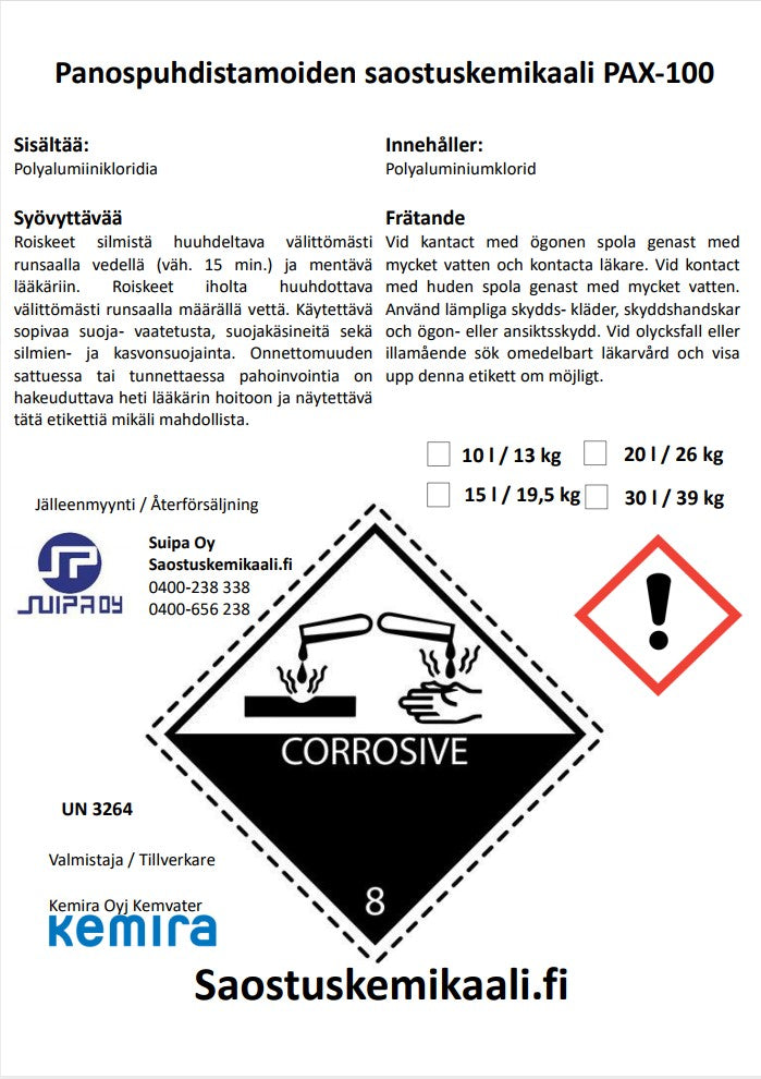Saostuskemikaali PAX-100 15L Kotiin toimitettuna